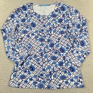 J. McLaughlin Blouse Top Womens XS Blue White Geometric Artsy Stretch 3/4 Sleeve
